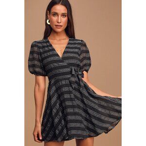 Lulus Dress Women Small Plaid About You Black Side Tie Surplice Neck Skater Mini